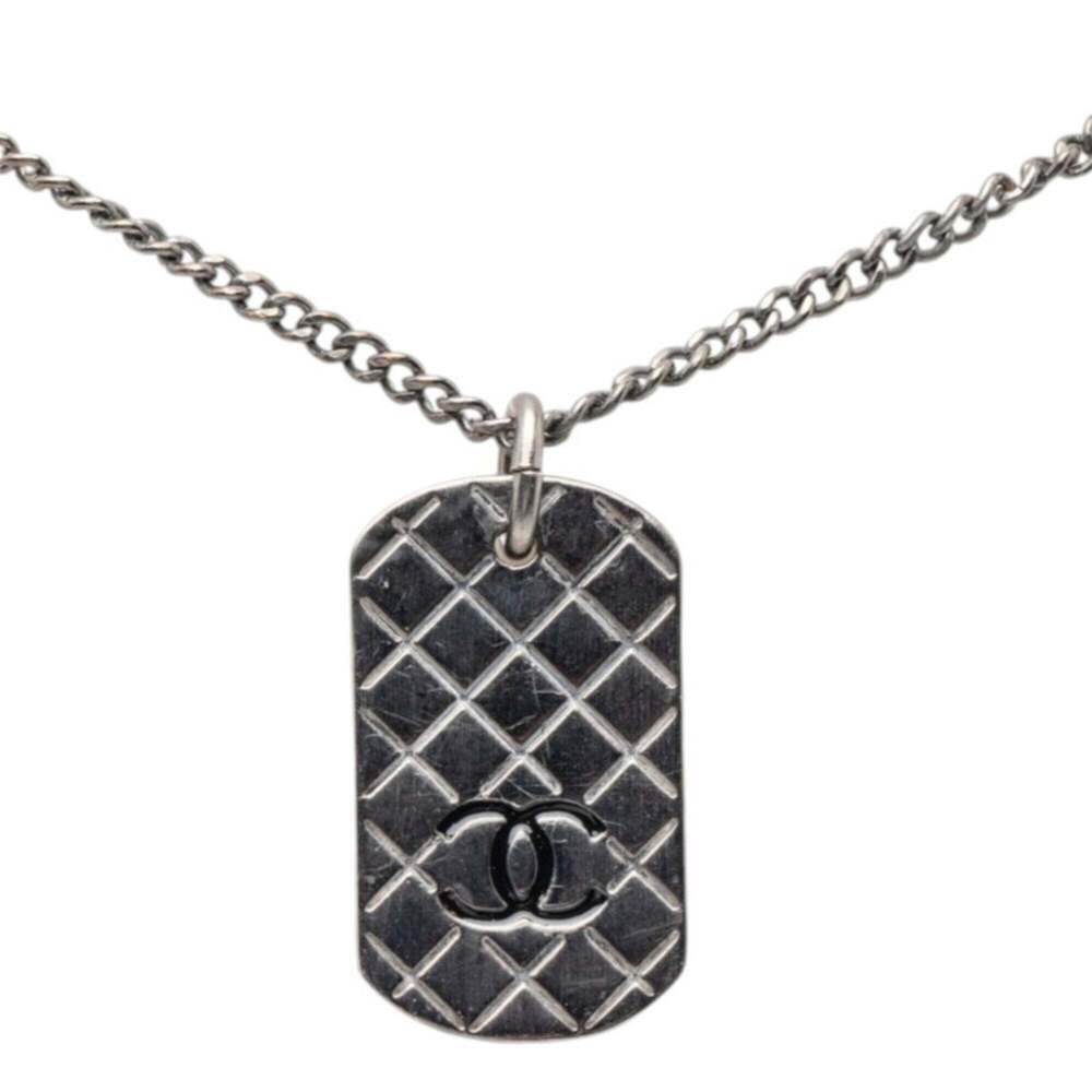 Chanel Matelassé Dog Tag Coco Mark Necklace, Silver Metal, Women's CHANEL